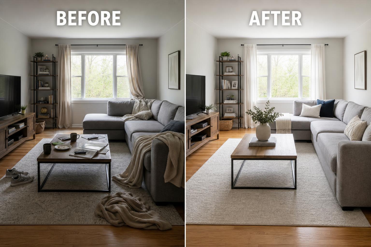 Before and after living room house cleaning by NovoKlean cleaners in Long Island & NYC